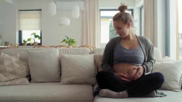 Καυκάσια Έγκυος Γυναίκα Κάθεται Στον Καναπέ Και Αγγίζει Την Κοιλιά — Αρχείο Βίντεο