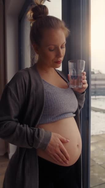 Vídeo Vertical Mujer Embarazada Ansiosa Tocando Abdomen — Vídeos de Stock
