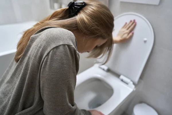 Woman Bending Toilet Having Nausea — Stock Photo, Image