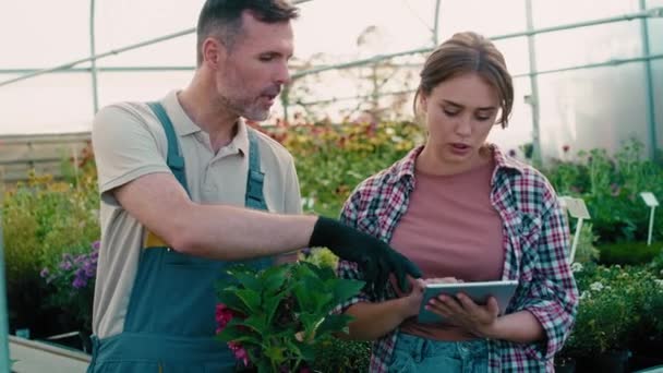 Två Kaukasiska Botaniker Står Plantskolan Och Använder Digitala Tabletter Skjuten — Stockvideo