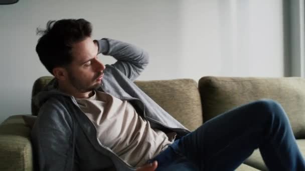 Thoughtful Anxious Man Home Sofa — Stock Video