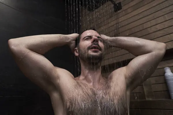 Caucasian Man Taking Shower Home Stock Picture