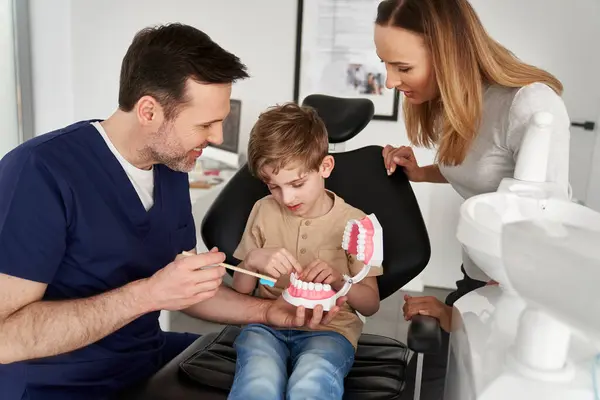 Dentista Mostrando Niño Cómo Cepillarse Los Dientes Imagen De Stock