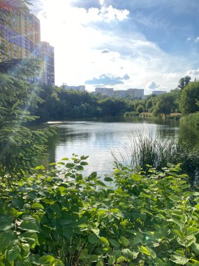 Güzel bir göl kenarındaki modern apartman.