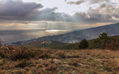 Sabahları deniz aşırı panoramik hava manzarası, Yunanistan