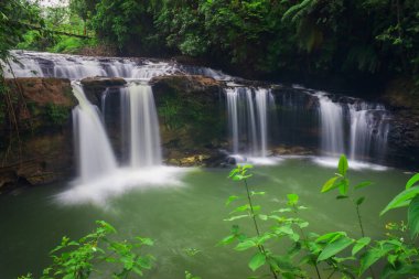 Endonezya 'nın panoramik manzarası. Sabah güneşi ve şelale tropikal ormanda.