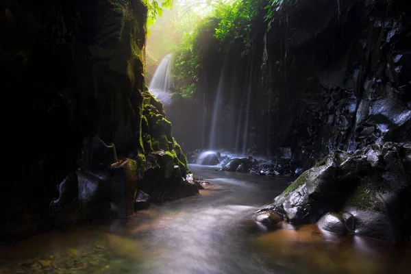 インドネシアの魅力を訪問する ロロンニク滝 ノースブリュール 石の壁に並ぶ狭い路地 滝に朝の光が輝いている ストック画像