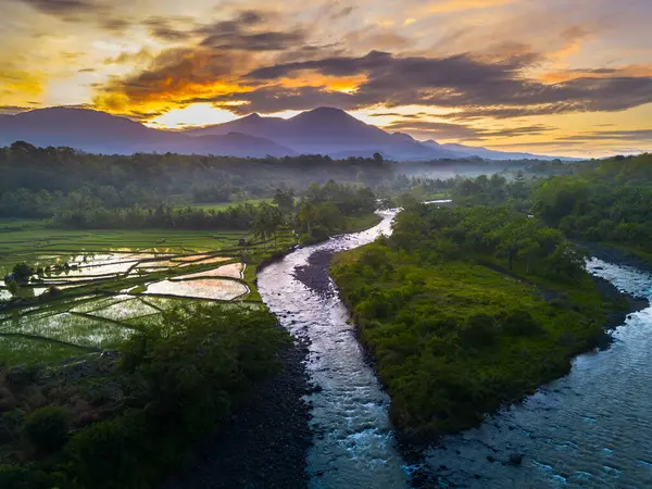Beautiful morning view indonesia panorama landscape paddy fields with beauty color and sky natural light