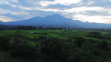 Endonezya 'nın harika gündoğumu manzarası. Parlak gökyüzü ile doğa vadisi ormanı.