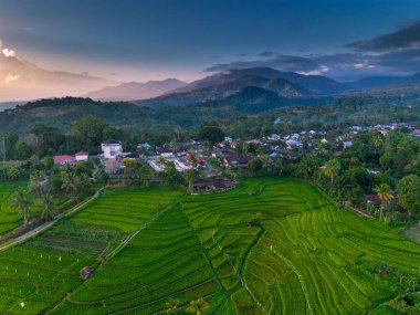 Endonezya 'nın harika gündoğumu manzarası. Parlak gökyüzü ile doğa vadisi ormanı.