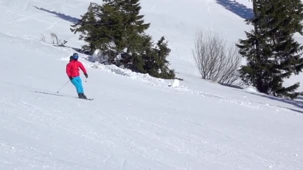 Slowakei Sonniger Wintertag Skigebiet Jasna Ein Skifahrer Fährt Einen Breiten — Stockvideo