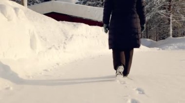 Finlandiya. Kuzey Kutup Dairesi 'nin ötesinde alacakaranlık kış günü. Kapüşonlu ceketli bir kadın yeni yağmış karda yürür.