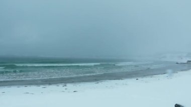 Kuzey Norveç. Lofoten Adaları 'ndaki kış plajı. Kar fırtınası ve kırılan dalgalar