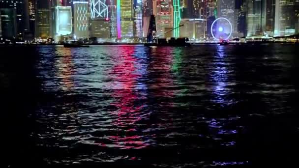 Night Hong Kong Skyscrapers Water Traffic Victoria Harbor — Stockvideo