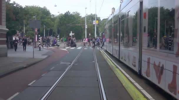Нидерланды Амстердам Сентября 2021 Года Daytime Вид Движущегося Трамвая Зеленый — стоковое видео
