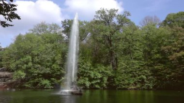 Ukrayna. Uman Ulusal Parkı 'nda güneşli bir yaz günü. Göletlerden birindeki yüksek çeşme. Yavaş çekim