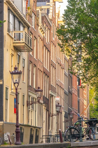 Hollanda Amsterdam Güneşli Bir Gün Otantik Hollanda Evleri Klasik Sokak — Stok fotoğraf