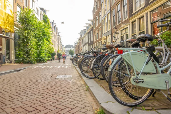 Netherlands Summer Day Amsterdam Several Cyclists Small Cobbled Street Residential — Stock Photo, Image