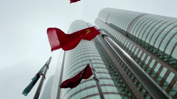 Hong Kong Een Bewolkte Hemel Verschillende Vlaggen Wapperen Wind Voor — Stockvideo