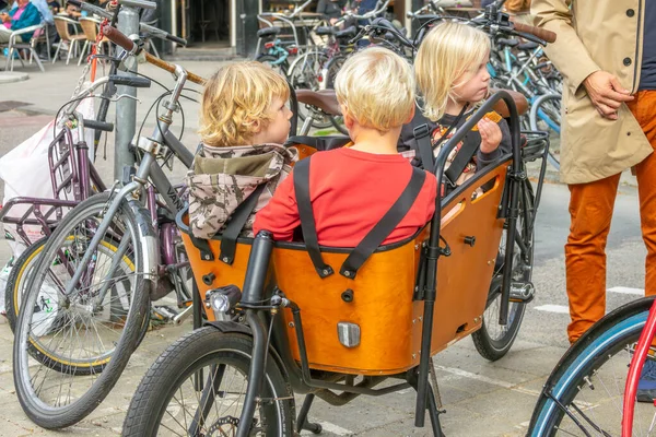 Netherlands Amsterdam September 2021 Three Children Sit Special Passenger Bike — Stock Photo, Image