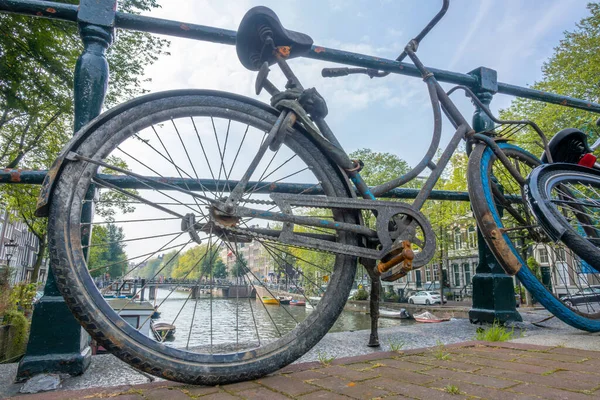 Netherlands Summer Day Amsterdam Dirty Old Bicycle Canal Fence — Stock Photo, Image