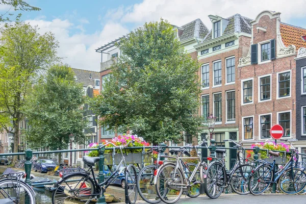 Netherlands Summer Day Amsterdam Several Bicycles Parked Railing Flower Bridge — Stock Photo, Image