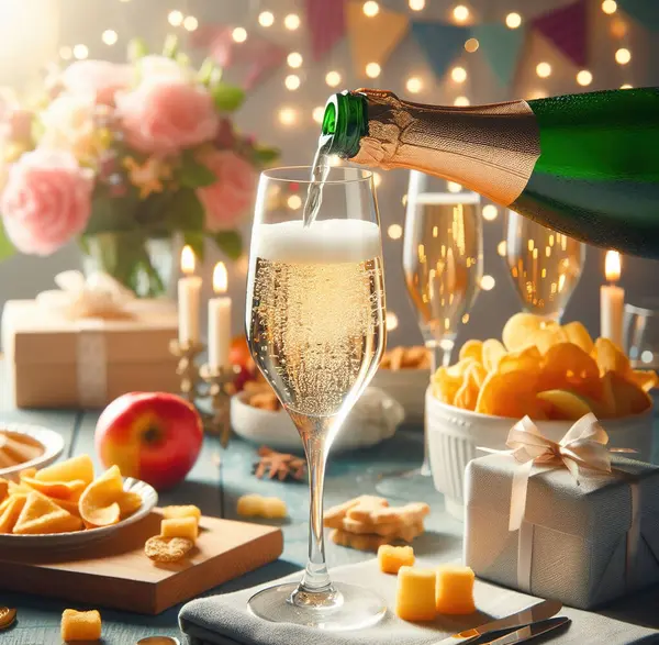 Flowers, gifts and candles on the festive table. Sparkling wine is poured into a glass. Light snacks