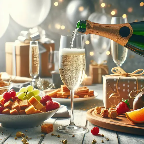 Gifts, light snacks and fruits on the holiday table. Sparkling wine is poured into a glass