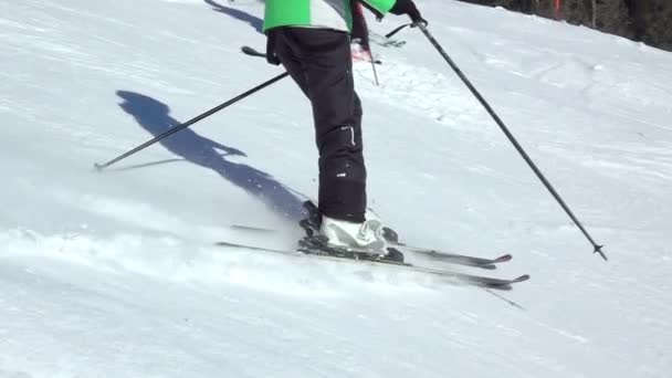 スロバキア ジャスナ 2019年2月6日 ジャスナスキーリゾートで晴れた冬の日 急なスキー場を降りる少女のスキーヤーのクローズアップ スローモーション — ストック動画