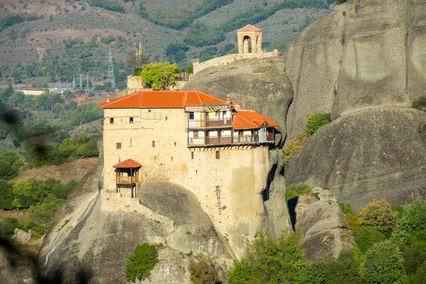 Greece Sunny Summer Day Kalambaka Small Monastery Red Roofs Cliff Royalty Free Stock Photos