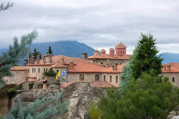 Greece Summer Cloudy Day Meteora Crosses Red Roofs Greek Monastery Royalty Free Stock Photos