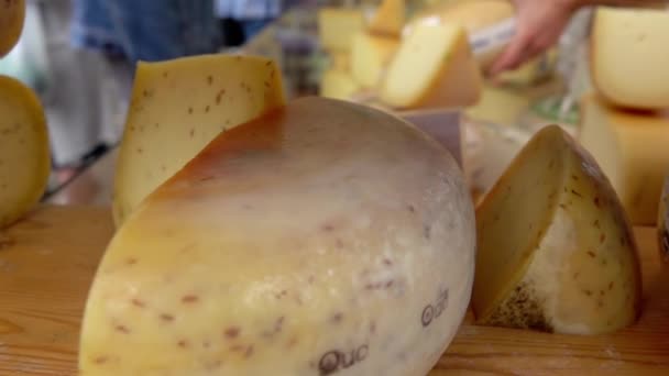 Amsterdam Çiftçi Pazarı Bir Sürü Peynir Çeşidi Bir Sürü Alıcı — Stok video