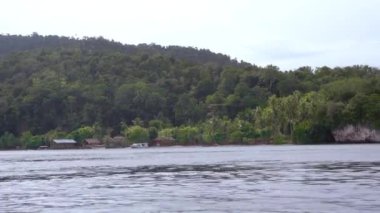 Endonezya 'da. Tropik bir adanın açıklarında güneşli bir gün. Motorlu bir teknede hızlı bir yolculuk.