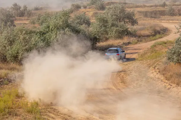 Bozkırlarda güneşli bir yaz günü. Bir rali arabası toprak yolda ilerliyor, toz bulutu yaratıyor.