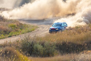 Bozkırlarda güneşli bir yaz günü. Bir rali arabası toprak bir yola dönerken tozu dumana katar.