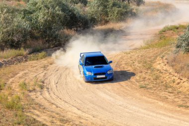 Bozkırlarda güneşli bir yaz günü. Mavi bir rali arabası toprak bir yolda tozla döner.