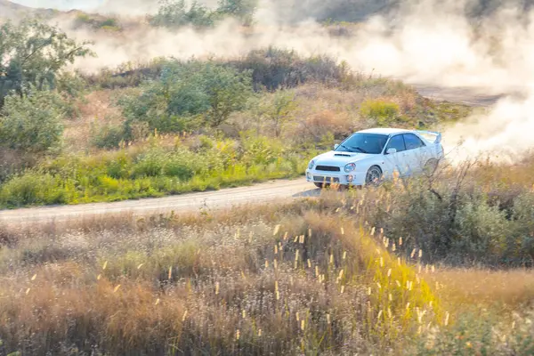 Bozkırlarda güneşli bir yaz günü. Beyaz spor araba tozlu toprak bir yolda hareket halinde.