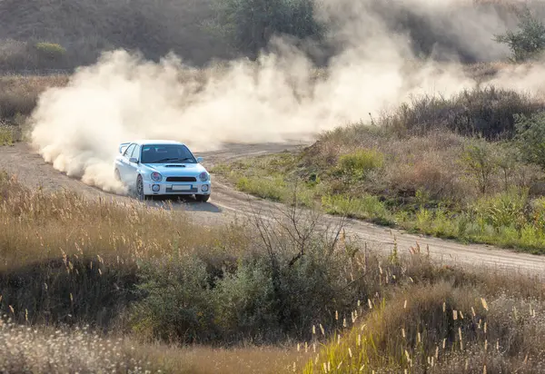 Bozkırlarda güneşli bir yaz günü. Arka kanadı olan beyaz bir rali arabası kuru toprak yolda toz bulutu yaratıyor.