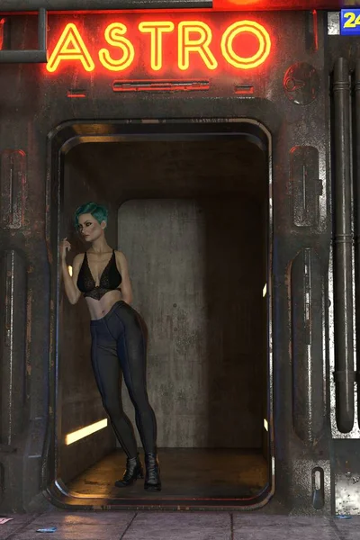 Γυναίκα Γέρνει Ενάντια Πόρτα Cyberpunk Πόλη Καθιστούν — Φωτογραφία Αρχείου