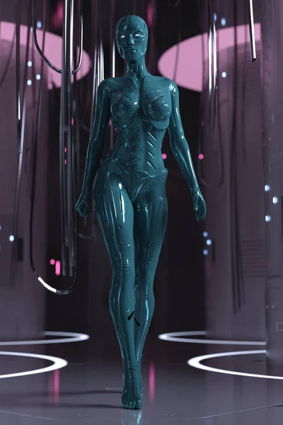 Απόδοση Της Γυναίκας Android Στο Υπόβαθρο Cyberpunk — Φωτογραφία Αρχείου