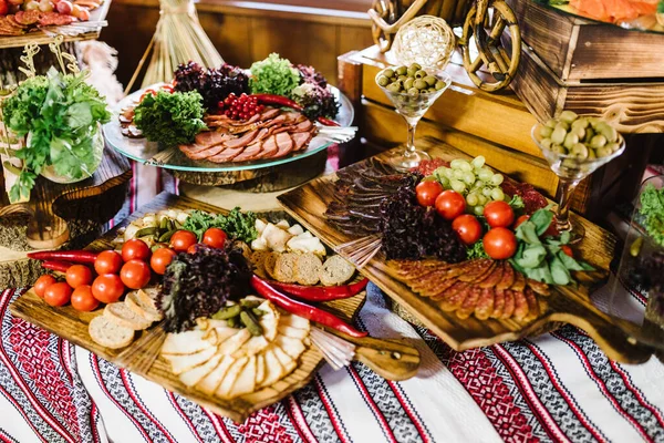 Plates Table Gourmet Variety Mini Appetizers Different Toppings Assorted Appetizer — Stock Photo, Image
