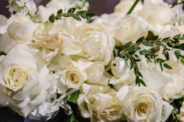 Zarif beyaz güller. Kopya uzayı ile kompozisyon. Yumuşak bulanık çiçekler, arka plan için pastel tonda yumuşak bokeh. Yakın çekim dekorasyonu. Pankart. Dekorun ayrıntıları masanın üstünde..