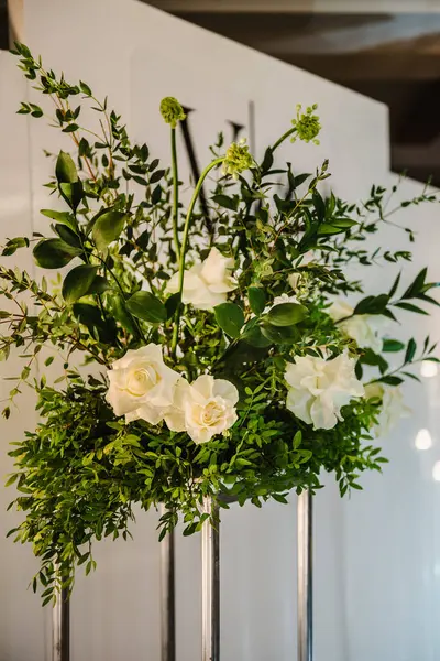 Decor Flowers Greenery Wedding Ceremony Restaurant Metal Arch Decorated White Stock Photo