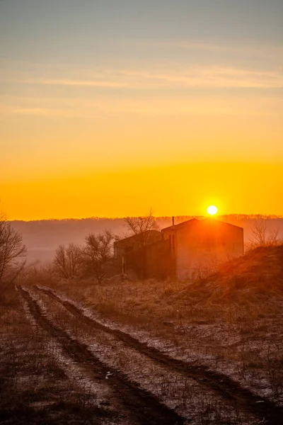 Západ Slunce Nad Polem Řeky Ráno — Stock fotografie