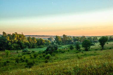 Yeşil çayır, mavi gün batımı ve gökyüzü olan yaz manzarası. doğa arkaplanı