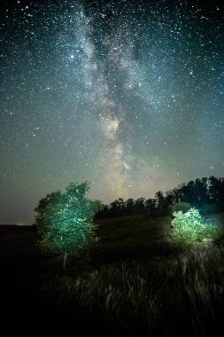 Gece gökyüzünde Samanyolu ile yıldızlı gece