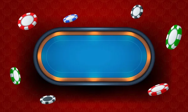 Pokerbord Med Blå Duk Röd Bakgrund Och Flygande Pokermarker Realistisk — Stock vektor