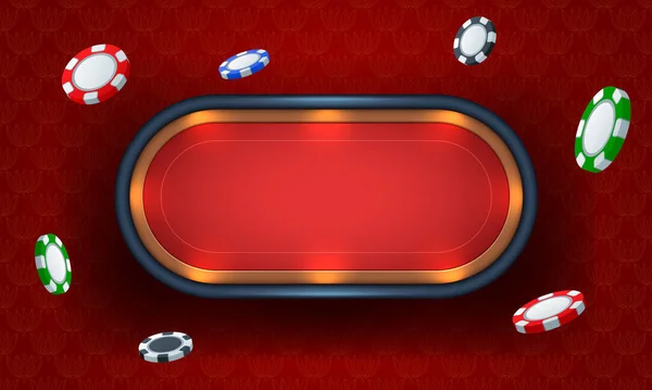 Pokertisch Mit Rotem Tuch Auf Rotem Hintergrund Und Fliegenden Pokerchips — Stockvektor