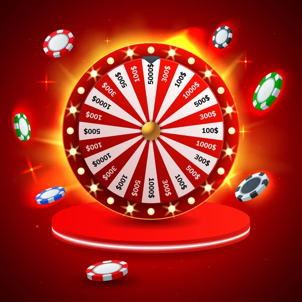 Red Wheel Fortune Flying Chips Red Hot Background Spin Casino — Stock Vector