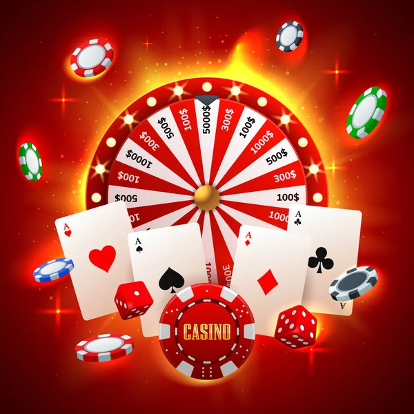 Casino Concept Red Wheel Fortune Playing Cards Dices Flying Chips — Stock Vector